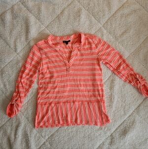 Women's Gap peplum hem Striped Neon Top Size Small Relaxed Fit V Neck Buttons